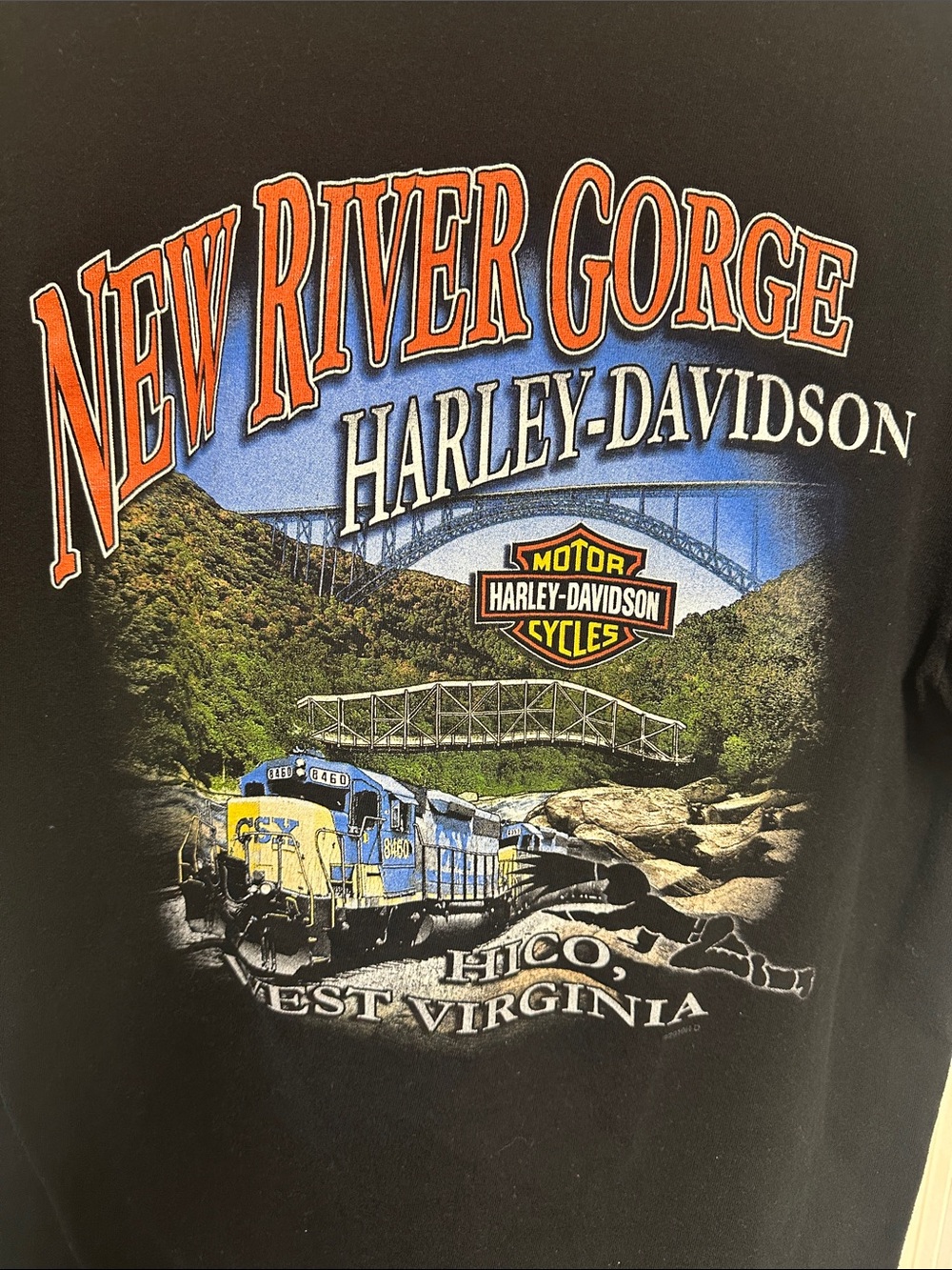 Harley-Davidson Black Tee with New River Gorge Hico West Virginia Graphic